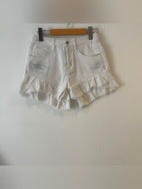 ✨ Coquette Fairycore White Ruffle Hem Denim Shorts Distressed Frayed Y2K Jean Sh